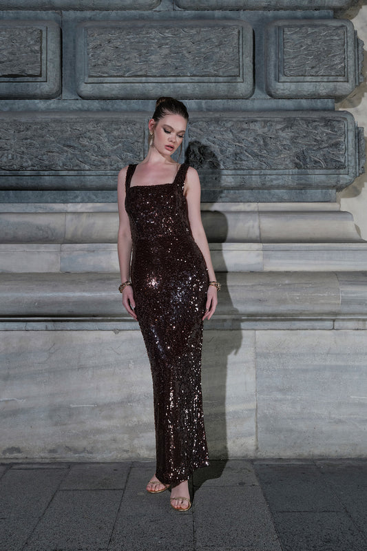 Amy kahverengi payetli abiye elbise