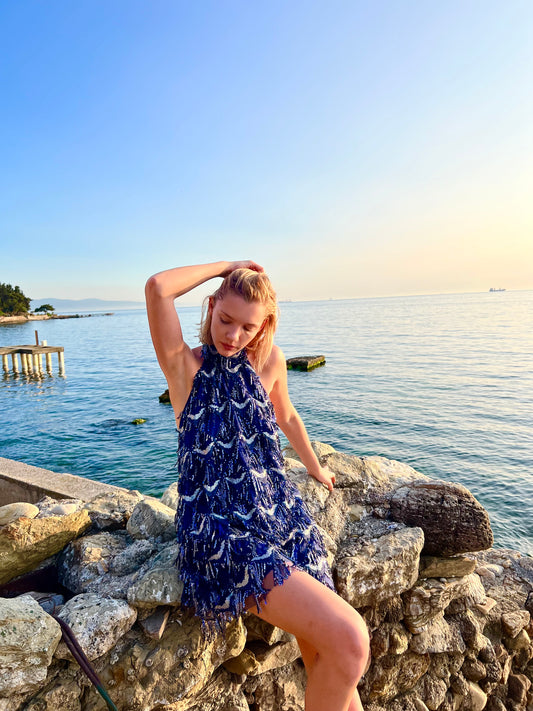 Eva Lacivert Payetli Mini Abiye Elbise