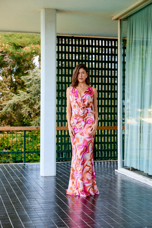 Gigi Pembe Saten Maxi Elbise
