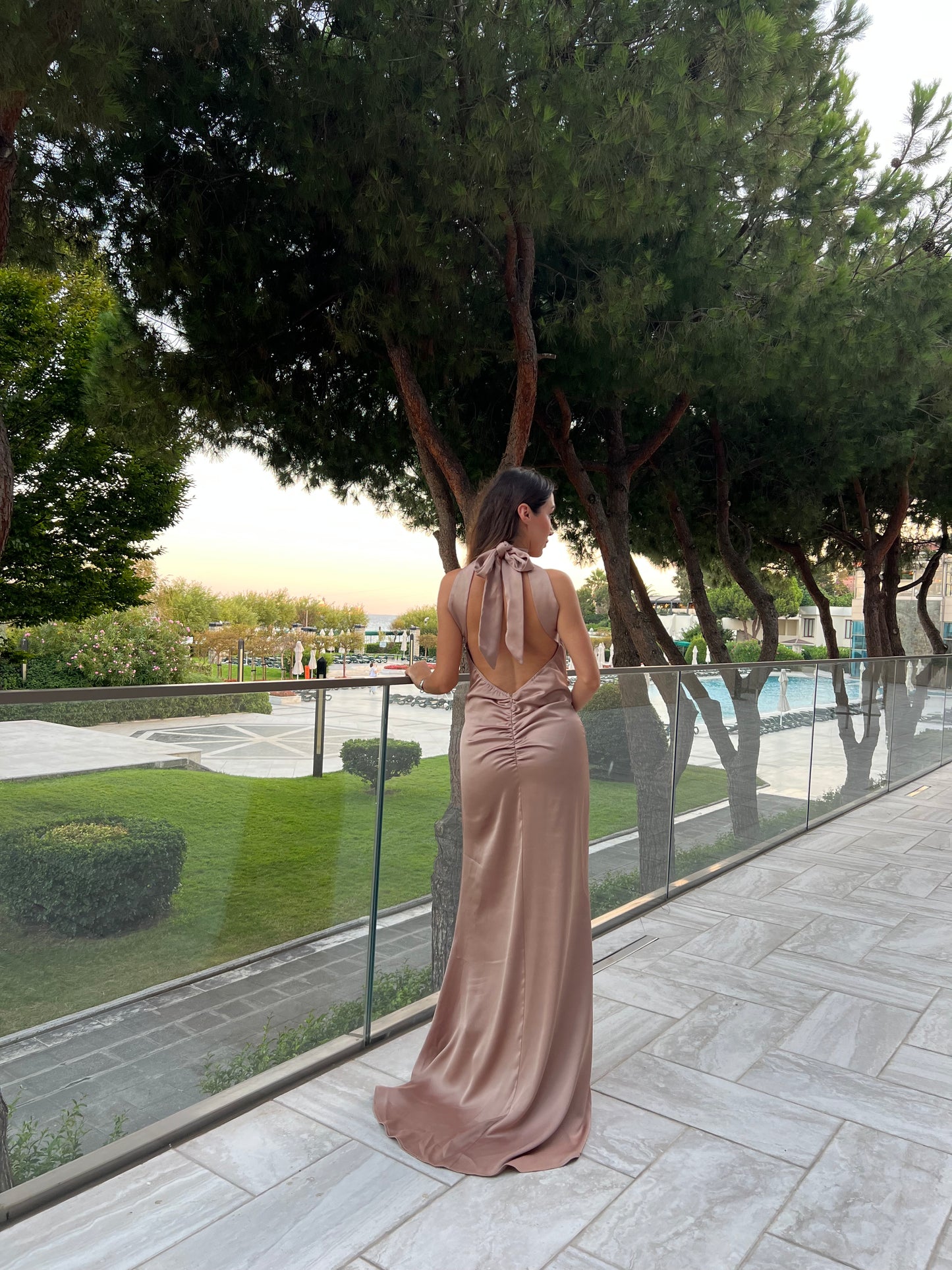 Valentine Brown Saten Maxi Elbise