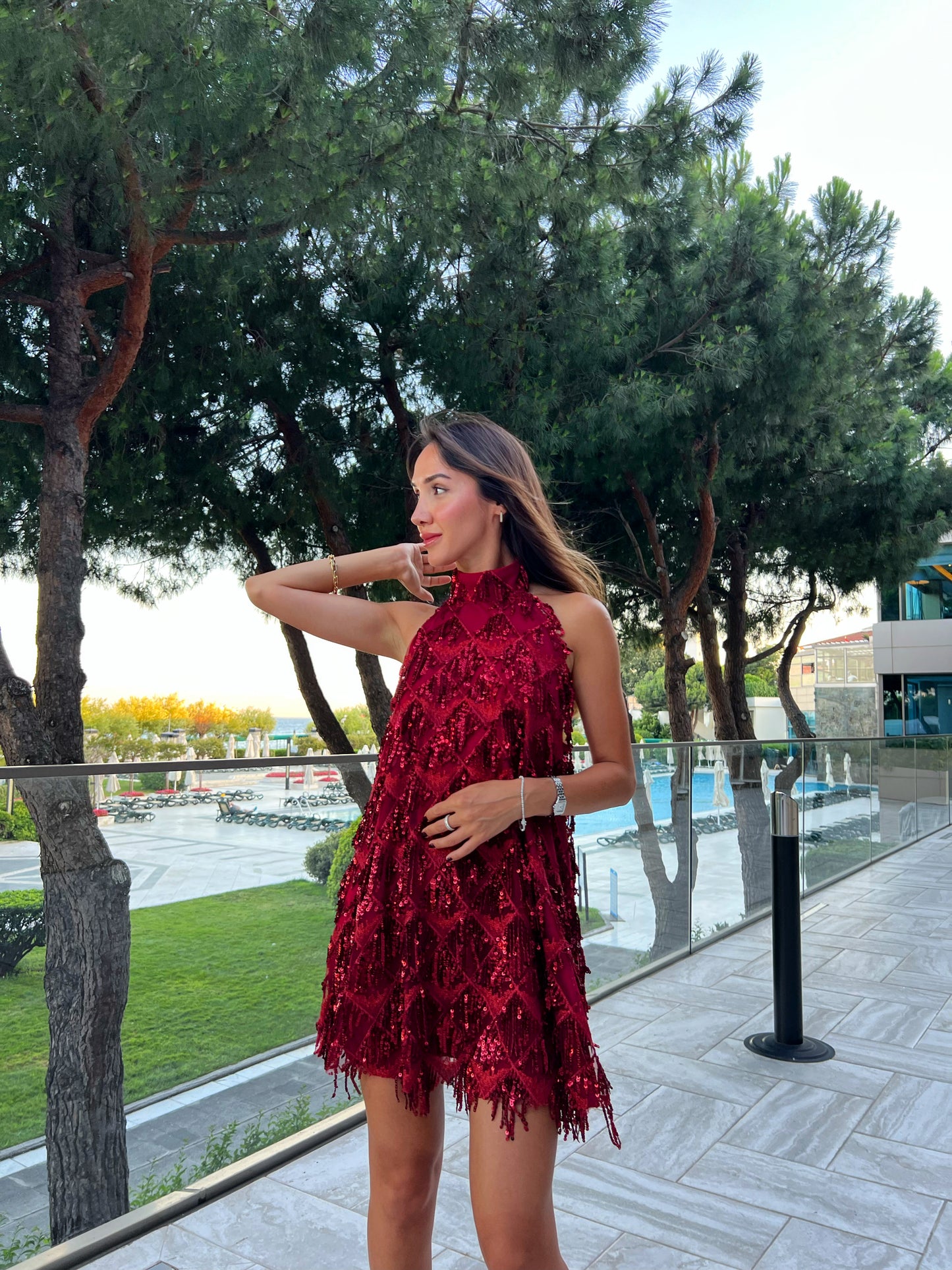 Eva Cherry Payetli Mini Abiye Elbise