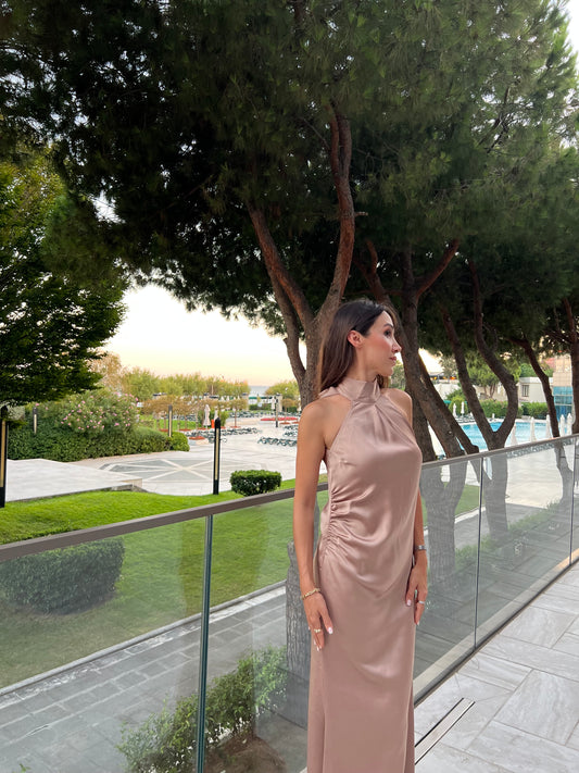 Valentine Brown Saten Maxi Elbise