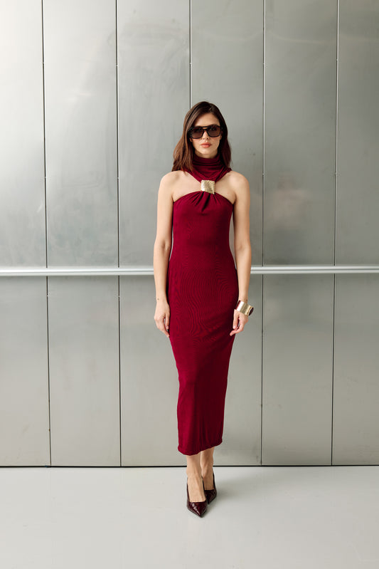 Emma Bordo Midi Elbise