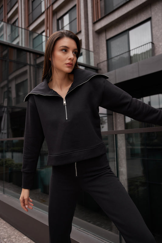 Anny siyah geniş yaka fermuarlı oversize sweatshirt