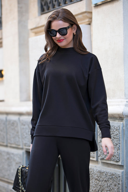 Diana Siyah Dik Yakalı Balon Kollu Oversize Sweatshirt